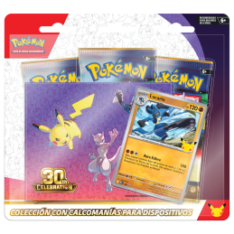 Pokemon TCG  Blister 3 Pack  Lucario TCG 30th Celebration Tech Sticker Español